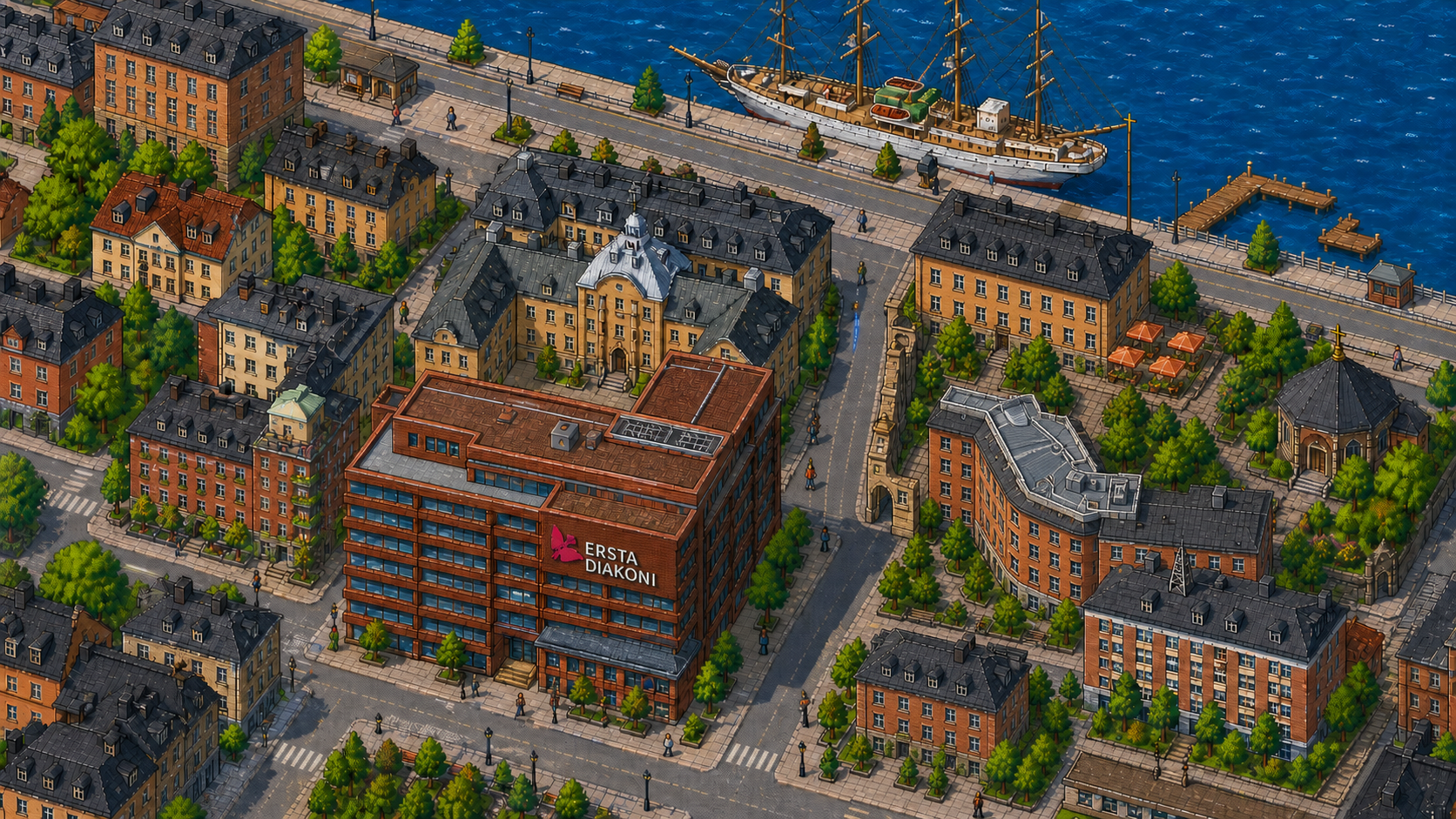 Isometrisk pixelkarta över Erstaklippan med nya och gamla sjukhuset, portalen, kyrkan, terrassen, IT-avdelningen och ambulansinfarten