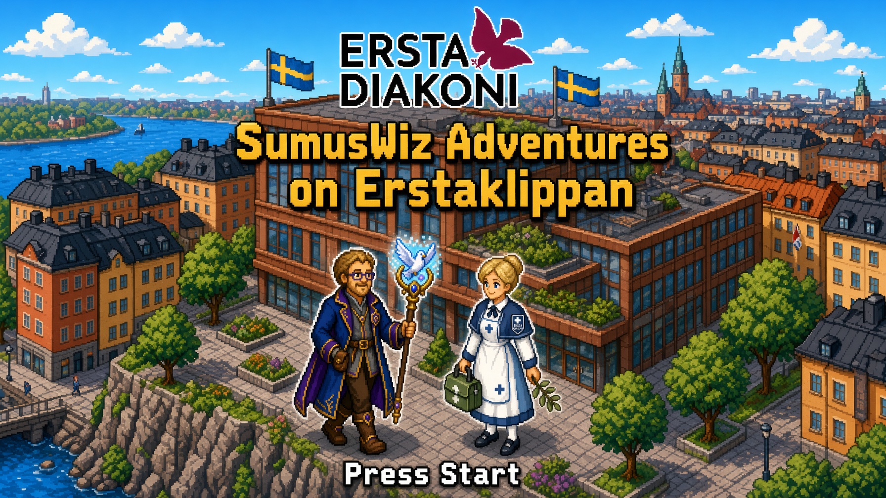Pixelkonst av Erstaklippan med SumusWiz och en sjuksköterska